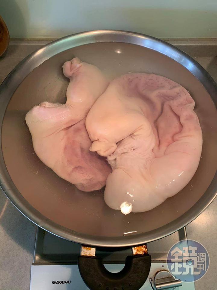 跟肉舖預定清理好的豬肚兩付。