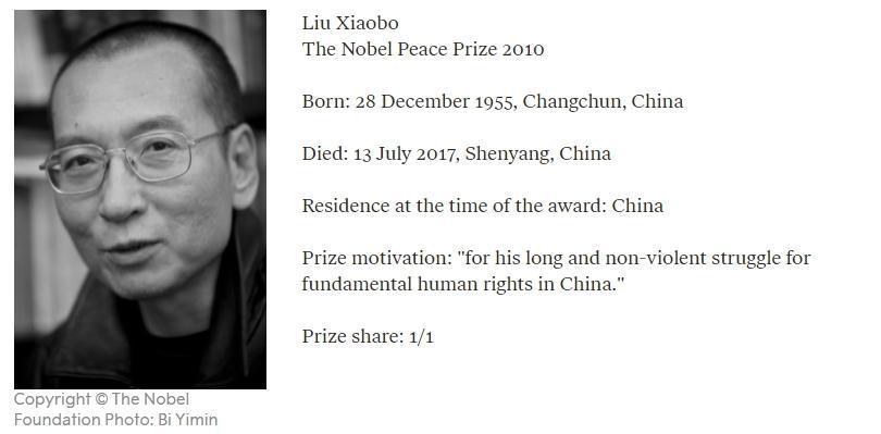 諾貝爾和平獎曾因頒給中國異議人士劉曉波,讓挪威與中國關係惡化。(翻攝自諾貝爾獎官方網站)