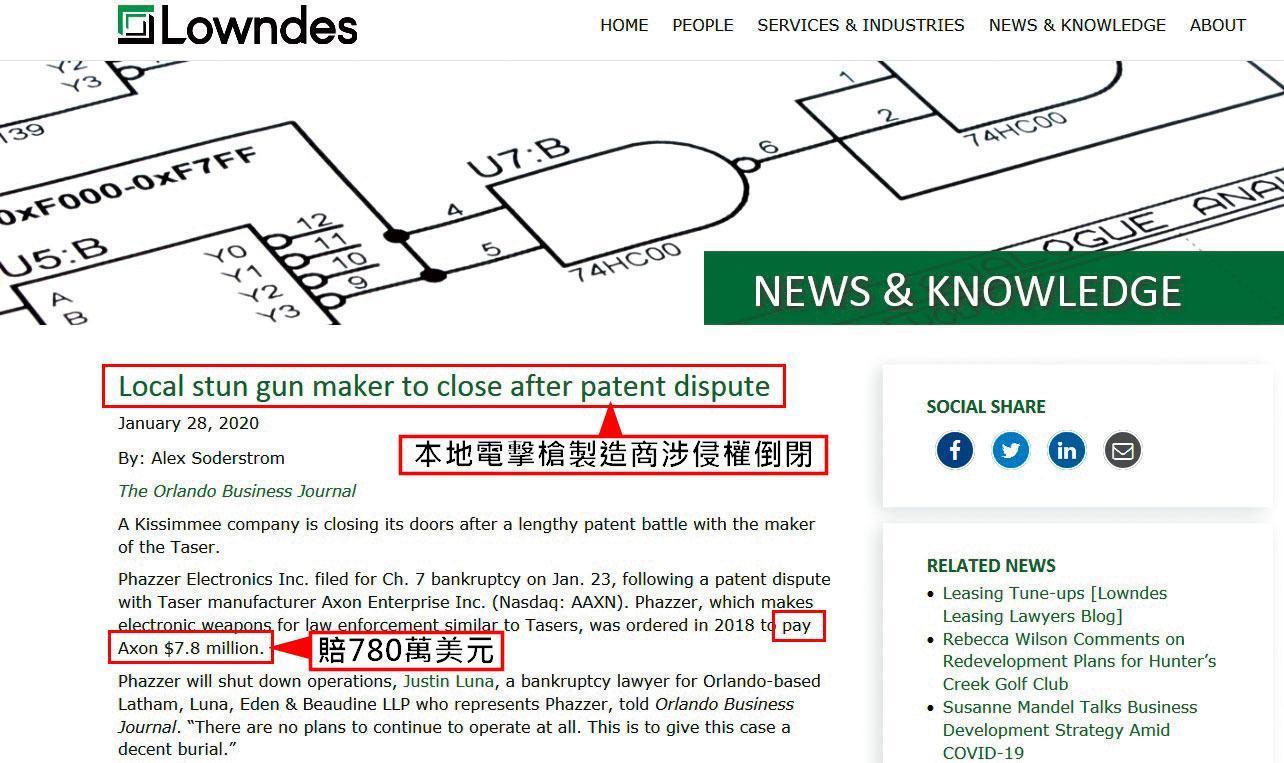 有爭議的電擊槍被認定侵權,代理商遭判賠780萬美元,宣告倒閉。(翻攝Lowndes官網)