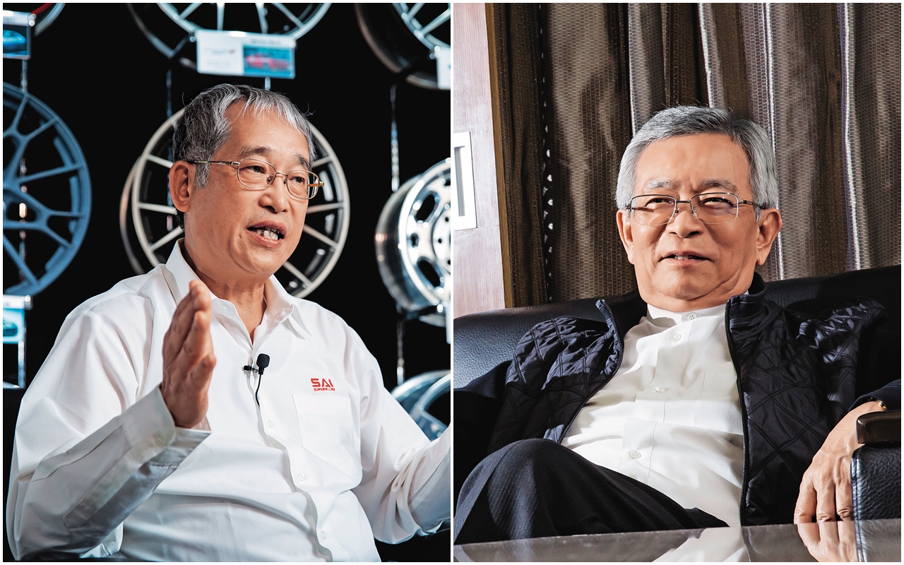 面對市場派強勢買股，巧新董事長黃聰榮（左）顯得老神在在。和大董事長沈國榮（右）近期買進巧新股票，目前市場派共掌握14％股權。