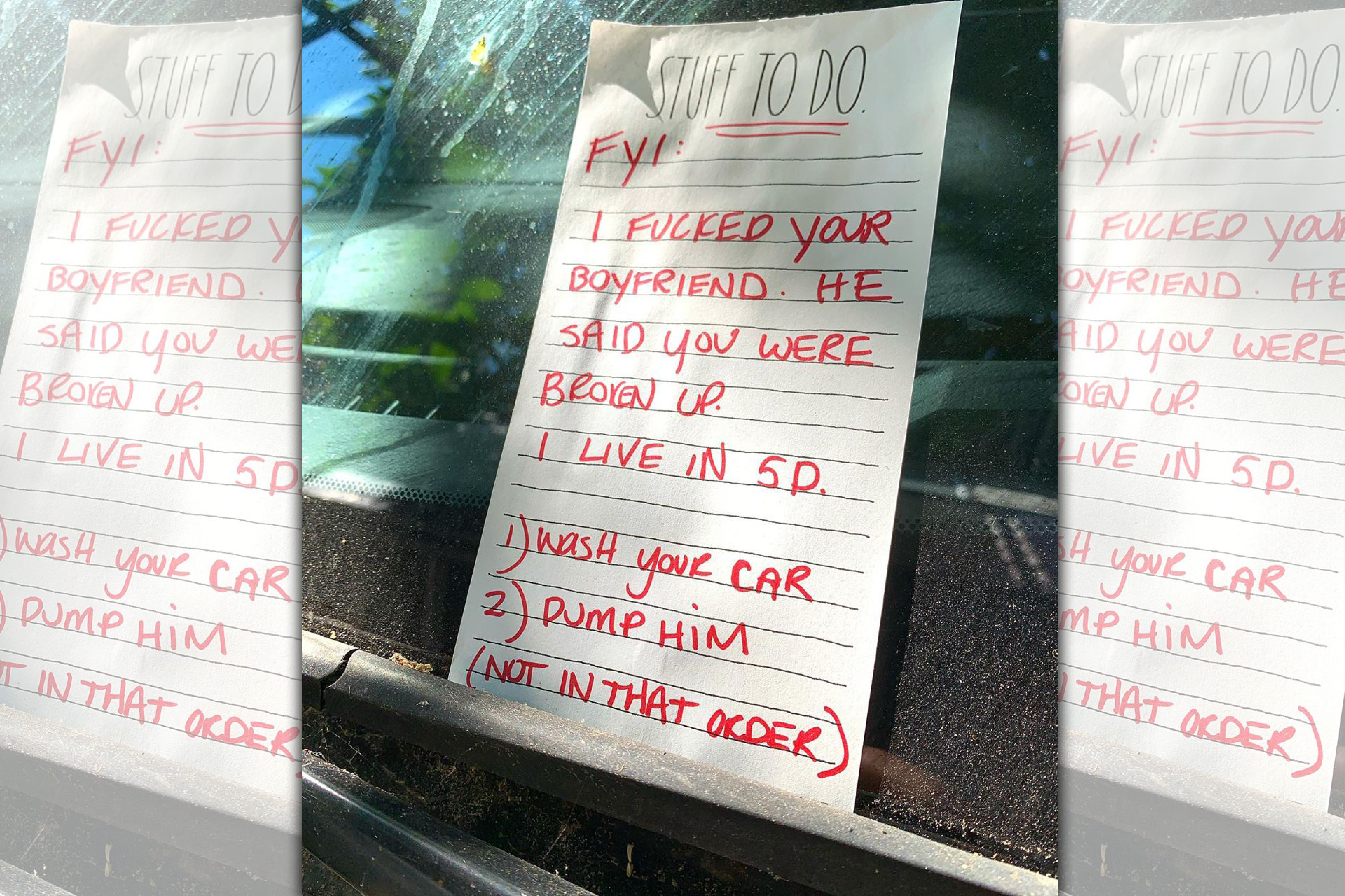 鄰居在擋風玻璃留下紙條，揭殘忍真相。（翻攝自IG／neighborsfromhell）