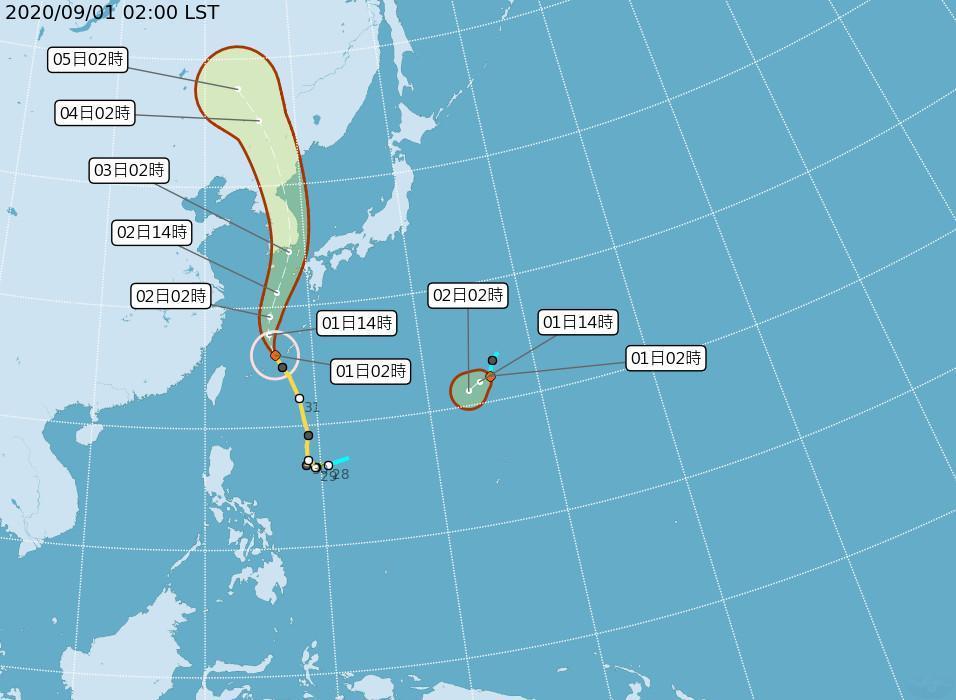 梅莎颱風與罪新熱帶低壓路徑預報圖。(翻攝自氣象局)