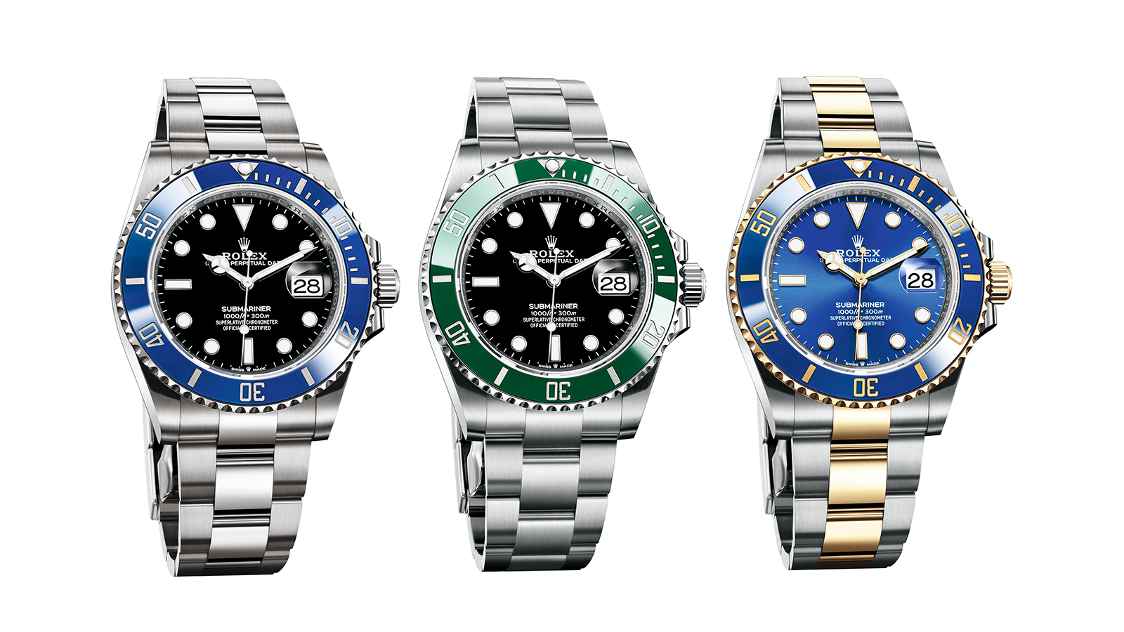 Oyster Perpetual Submariner Date｜（白金藍圈黑面）建議售價NT$ 1,317,000、（不鏽鋼綠圈黑面）建議售價NT$ 317,000、（半金款藍圈藍面）建議售價NT$ 473,500