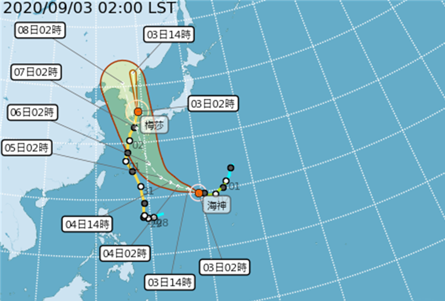 今(3日)凌晨2時第10號颱風「海神」增為中度颱風,最快明晚有機會發展為強颱。(翻攝自氣象局)