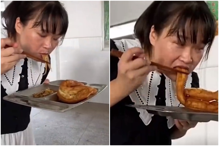 中國江西省一間小學的副校長當著學生的面將剩飯吃光，隨即引發網友質疑衛生問題。（翻攝微博）