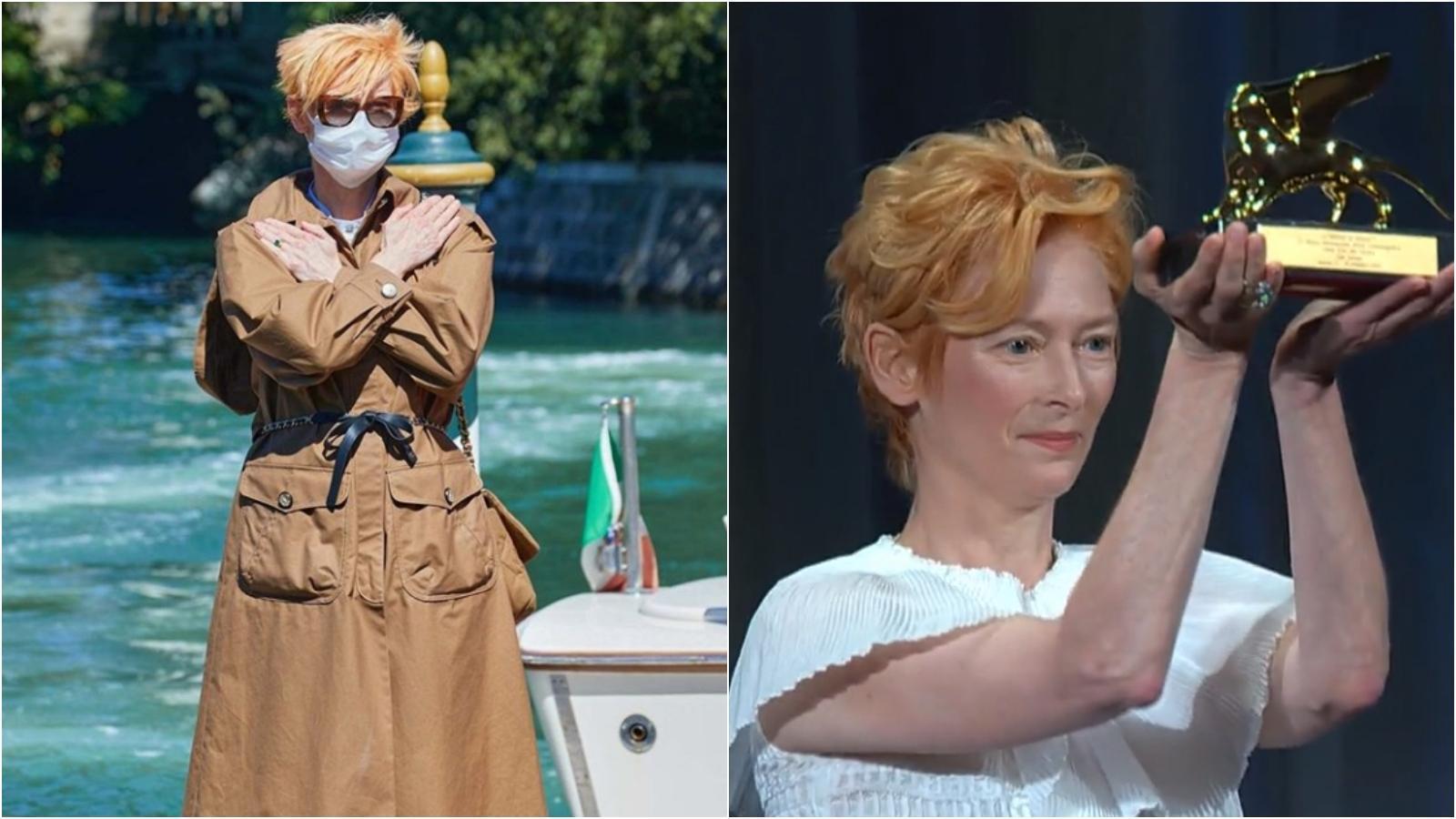 蒂妲史雲頓領獎時高喊「瓦干達萬歲！」，向病逝的《黑豹》男主角致敬。（翻攝自Instagram／威尼斯影展臉書）