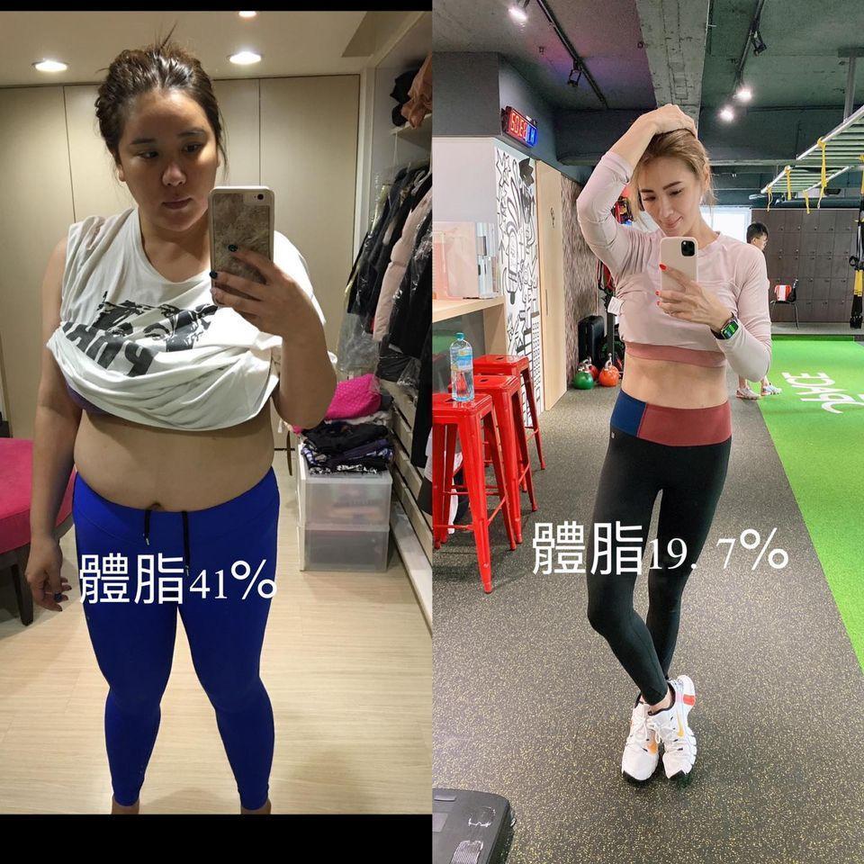 小禎曬出最胖時和現在的比對照,體脂差了20%以上。(翻攝自胡小禎臉書)