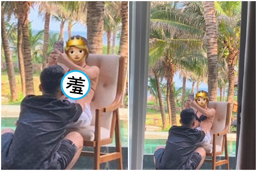 網美拍照新手法，讓網友笑喊「美照背後都有個厲害的男人」。（翻攝自爆廢公社二館）