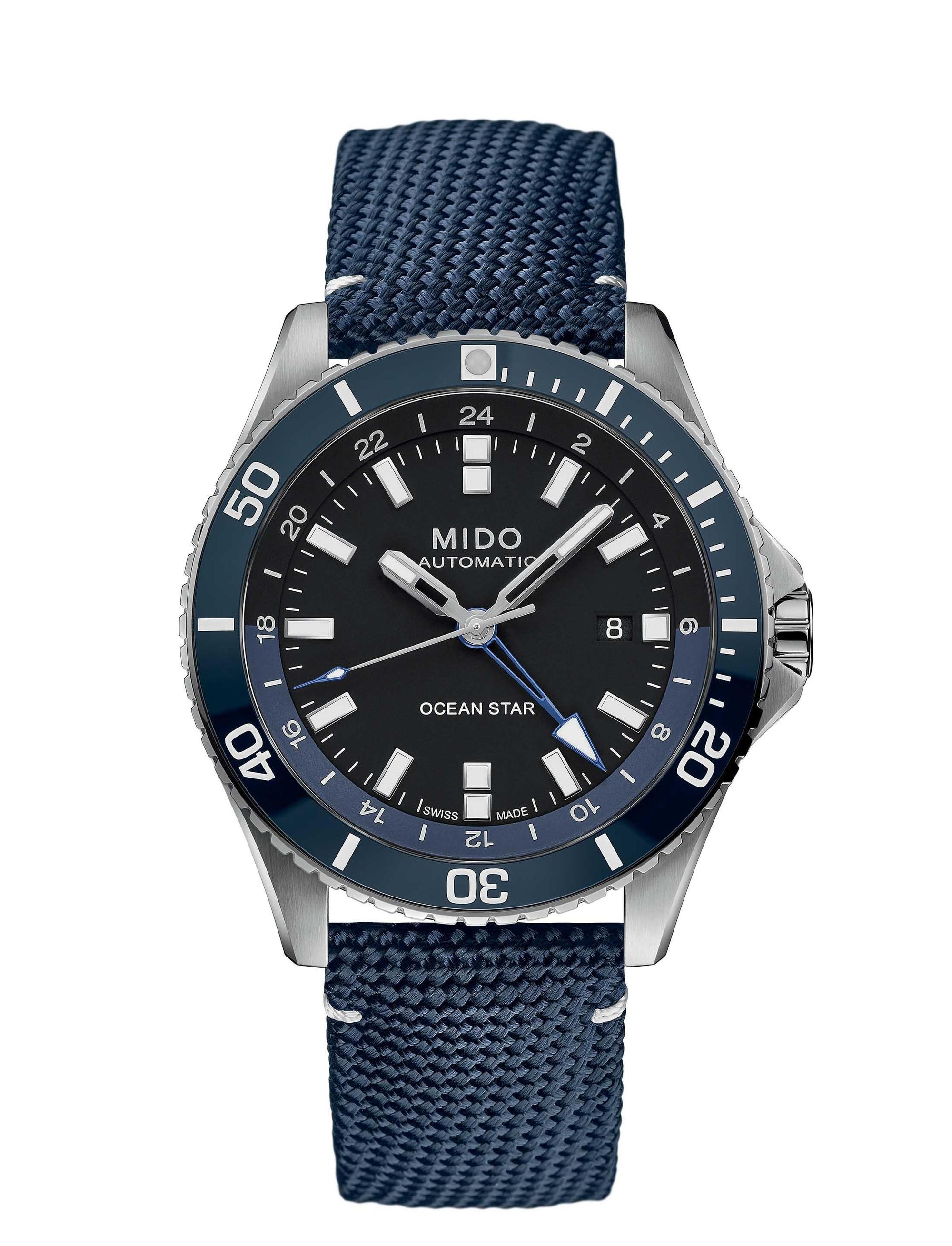 MIDO Ocean Star GMT 美度海洋之星二地時間潛水錶，藍色織紋錶帶款，定價約NT$37,300。