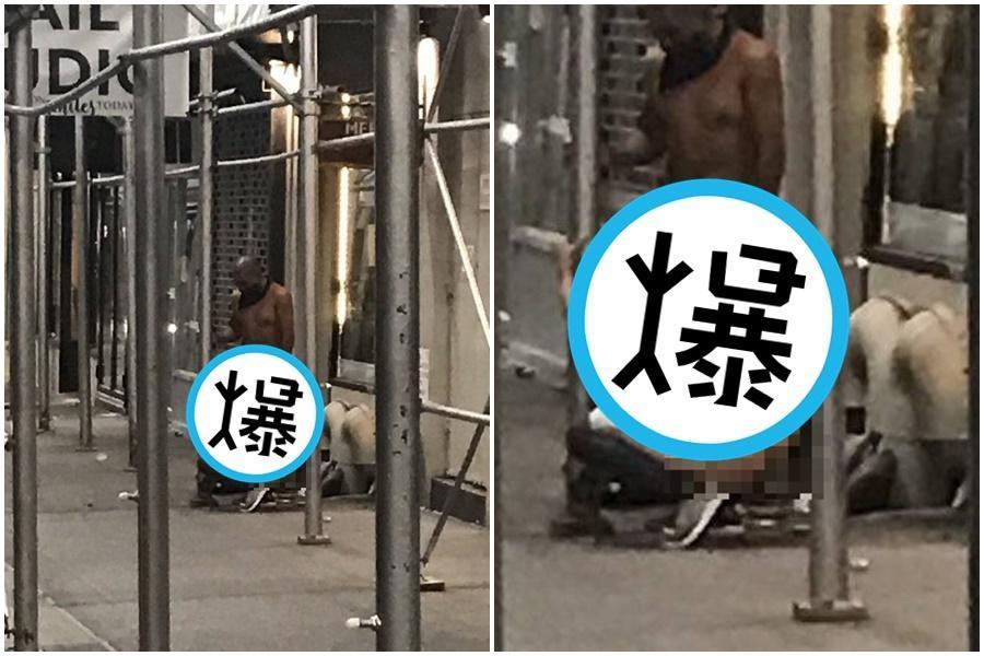 最近美國紐約市街頭上，有1名白人正妹幫非裔男子口交，完全不顧現在疫情爆發。（翻攝自Save the Upper West Side TWITTER）