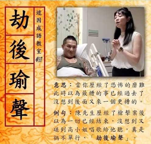 立委高嘉瑜因奪魂歌藝被稱「港湖胖虎」,館長經歷槍擊大劫,她再獻聲〈隱形的翅膀〉,史稱「劫後瑜聲」。(翻攝自台灣迷因臉書)