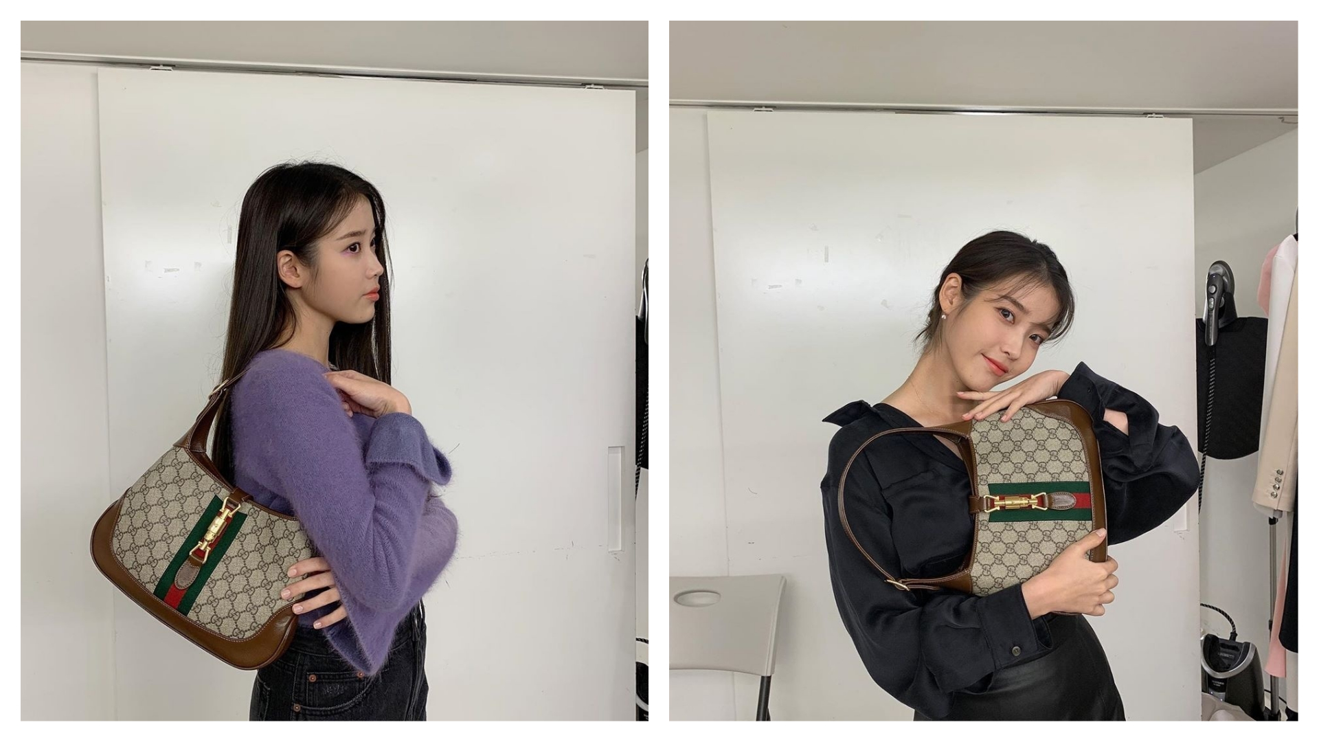 IU連換了2套衣服凹造型，就是為了獻寶最新的GUCCI Jackie 1961。（翻攝自IU IG）