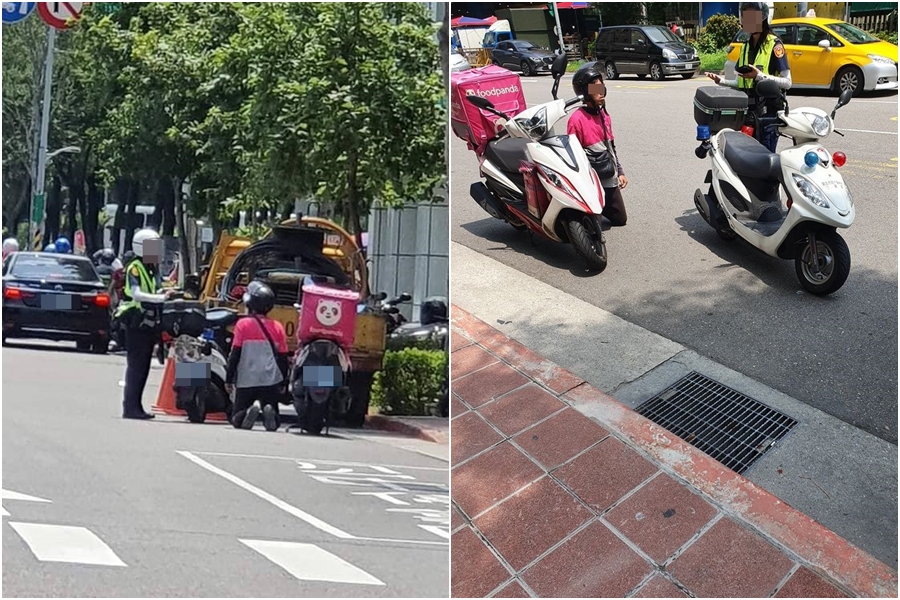 一名熊貓外送員在馬路上向女警下跪，原來是因為騎上人行道被開單，竟跪求警察銷單。（翻攝自《爆廢公社二館》）