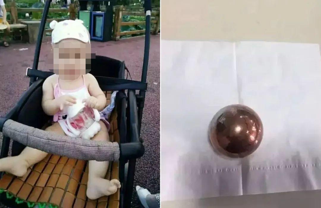 不幸身亡的女嬰言言，和砸死女嬰的鐵球。（翻攝微博）