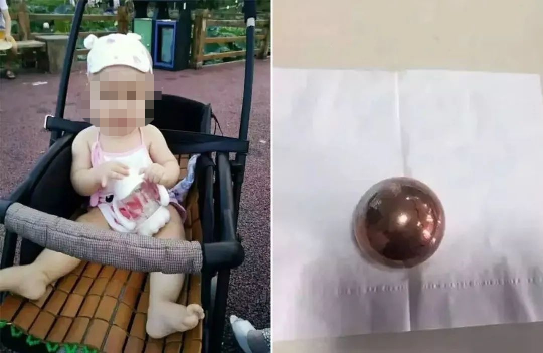 不幸身亡的女嬰言言，和砸死女嬰的鐵球。（翻攝微博）