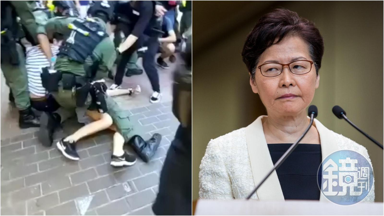 12歲少女遭港警粗暴壓制,香港特首林鄭月娥(右)表示,有不滿可以投訴。(翻攝科大電台新聞組臉書/本刊資料照)