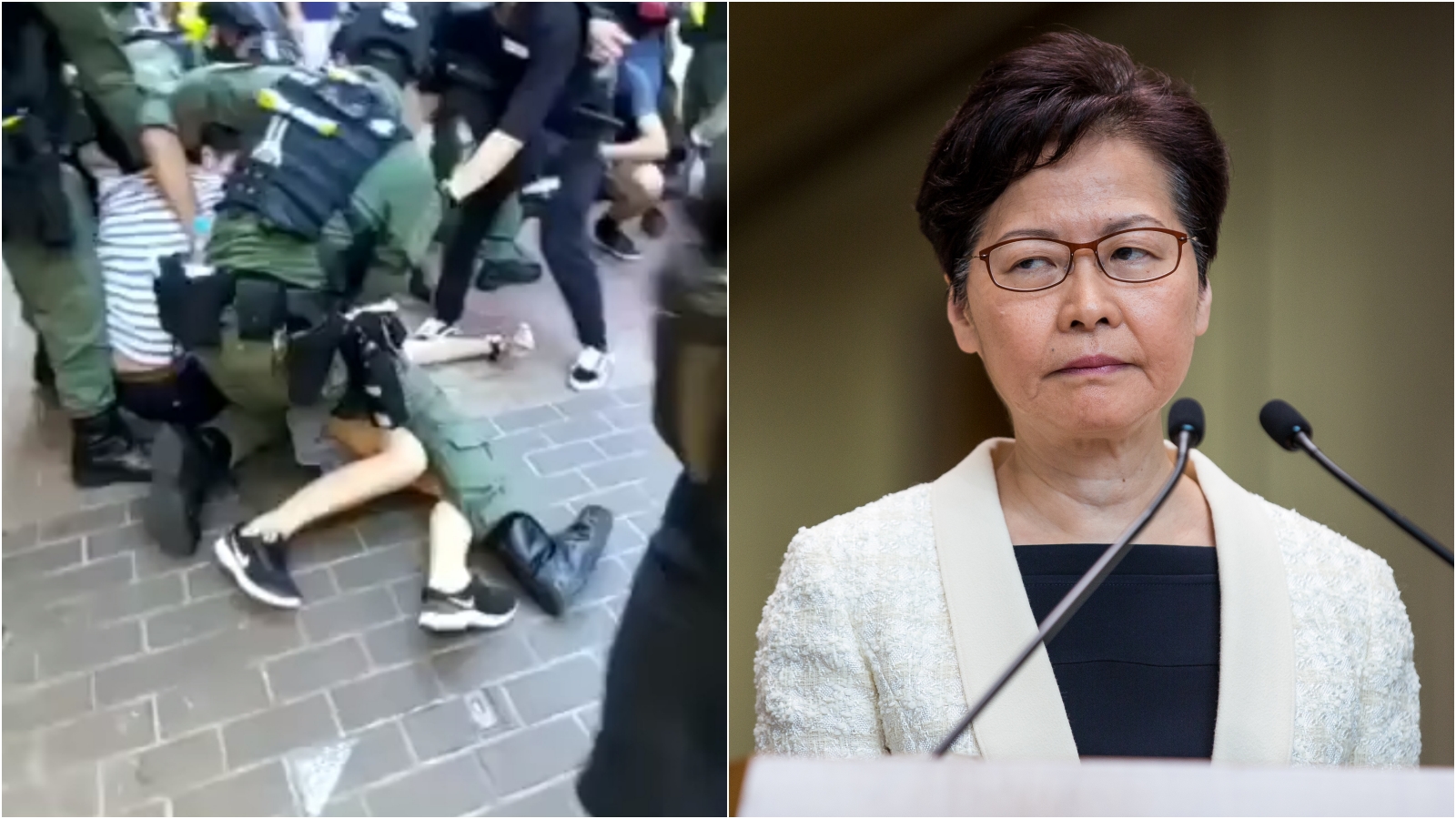 12歲少女遭港警粗暴壓制，香港特首林鄭月娥（右）表示，有不滿可以投訴。（翻攝科大電台新聞組臉書／本刊資料照）