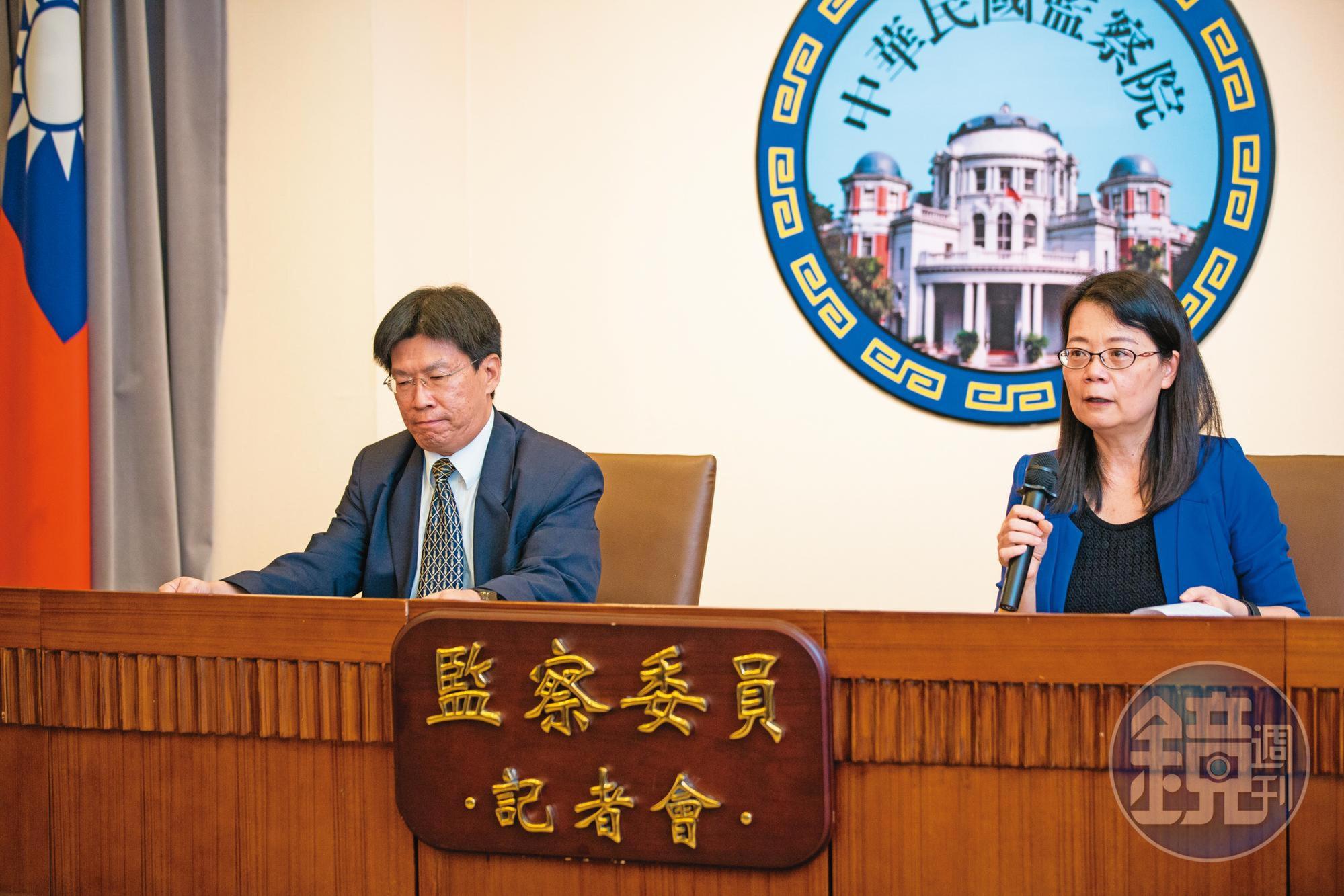 新任監委上任後,高涌誠(左)、王美玉(右)提案彈劾石木欽通過,並指出有司法警調高層涉入買股,呼籲相關單位自清。