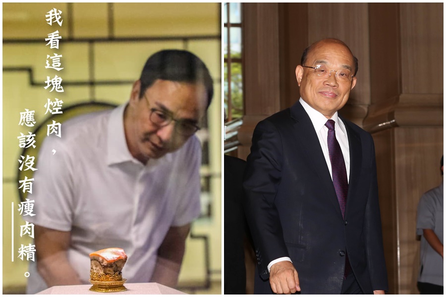 國民黨前主席朱立倫今（左）參訪故宮時暗諷，肉形石不含瘦肉精；行政院長蘇貞昌回應，不必什麼都用負面、用酸的。（翻攝自eric_chu0607 Instagram／本刊資料照）