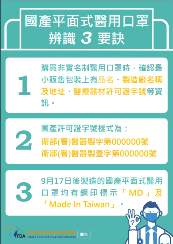 國產平面式醫用口罩辨識3要訣。（翻攝自食藥署網站）