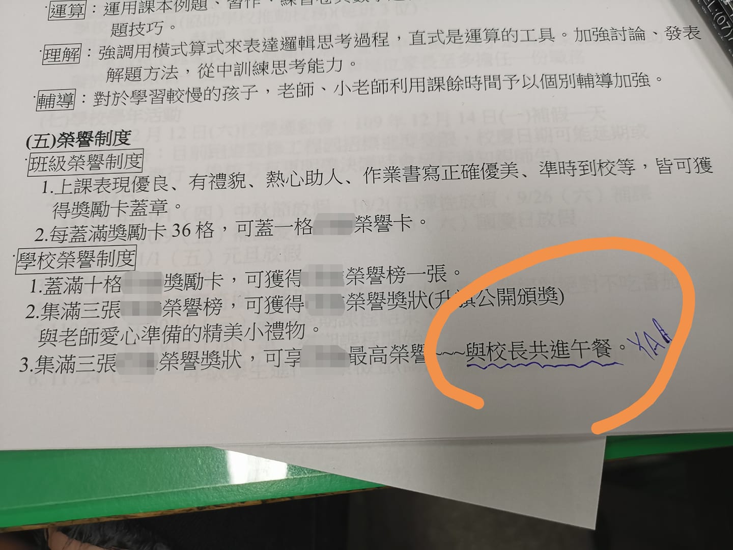 網友曝光一張「獎勵制度表」,該校最高榮譽獎勵竟是「與校長共進午餐」。(翻攝自爆廢公社臉書)