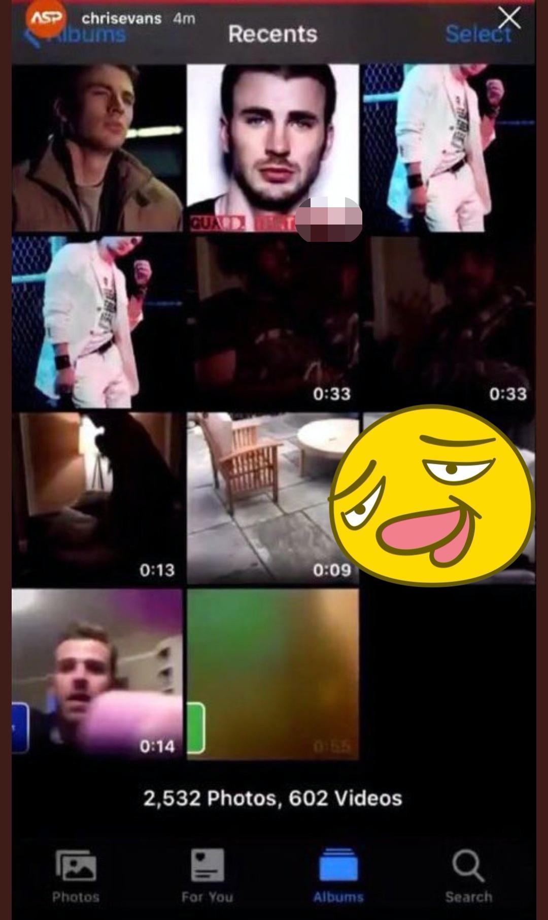 克里斯伊凡斯貼上的手機相簿截圖，出現不雅文句，還有一張疑似本人自拍的大鵰照。（翻攝自網路）