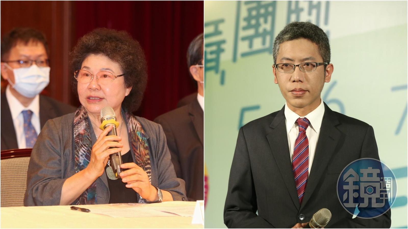 監察院長陳菊（左）被指一路提拔丁允恭（左）北上，罕見動怒駁斥。（本刊資料照）