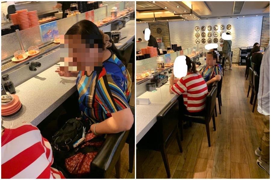 香港一名大媽(左圖右)將吃過的壽司後吐回盤中,「口水壽司」在迴轉輸送帶上繼續往下傳。(翻攝自屯門牛臉書社團)