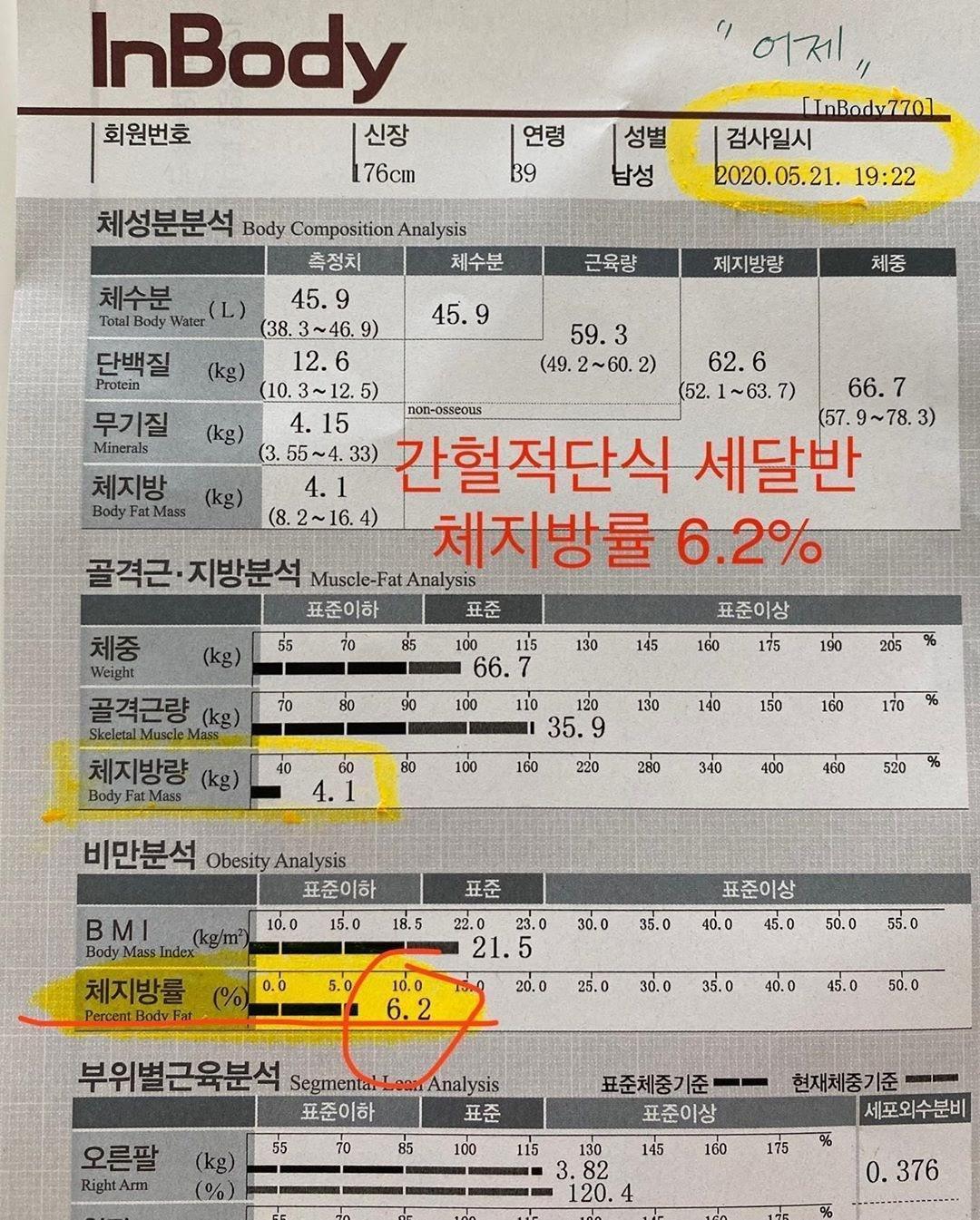 金智勳公開InBody測量結果，三個多月下來體脂肪降至6.2%。（翻攝自金智勳Instagram）
