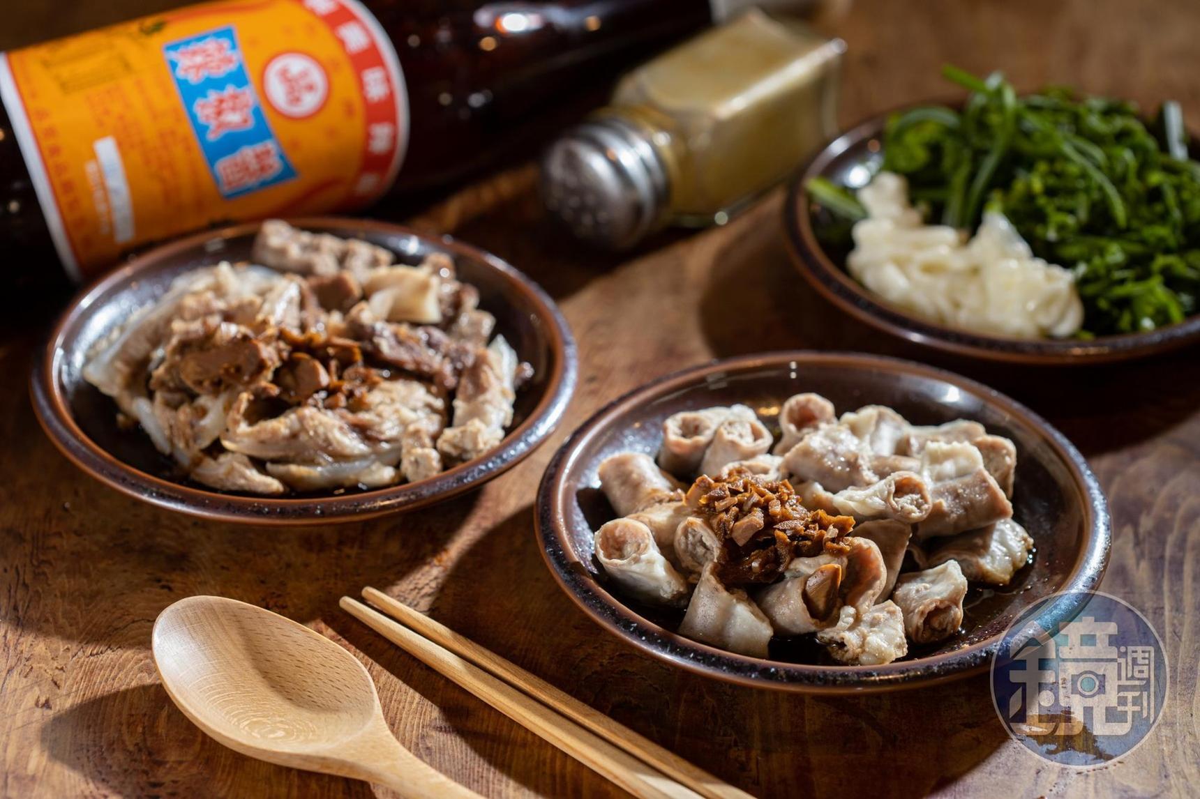 處理乾淨的「大骨肉」（前，40元／份）、豬粉腸（後，40元／份）。