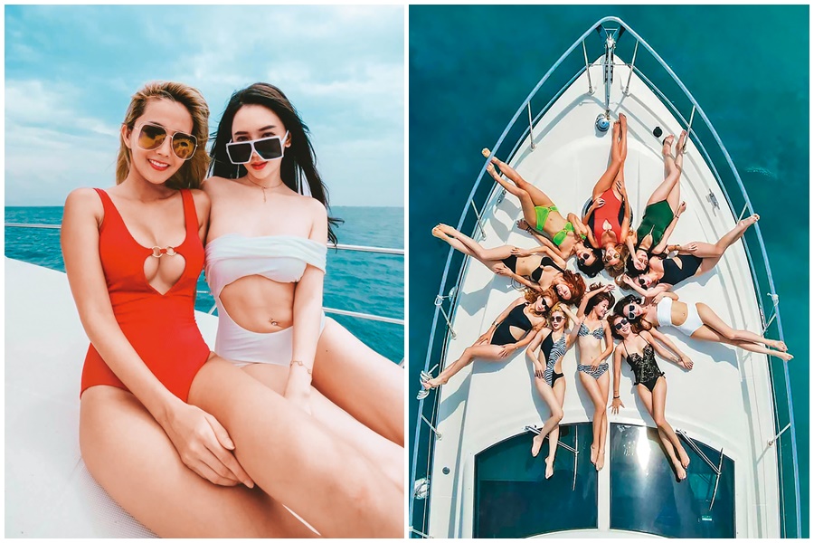 拐拐（左圖左）花錢舉行遊艇派對，翁子涵（左圖右）也大方穿上白色比基尼跟她合照。翁子涵日前參加閨密拐拐辦的遊艇派對，與眾正妹一同泳裝入鏡。（讀者提供）