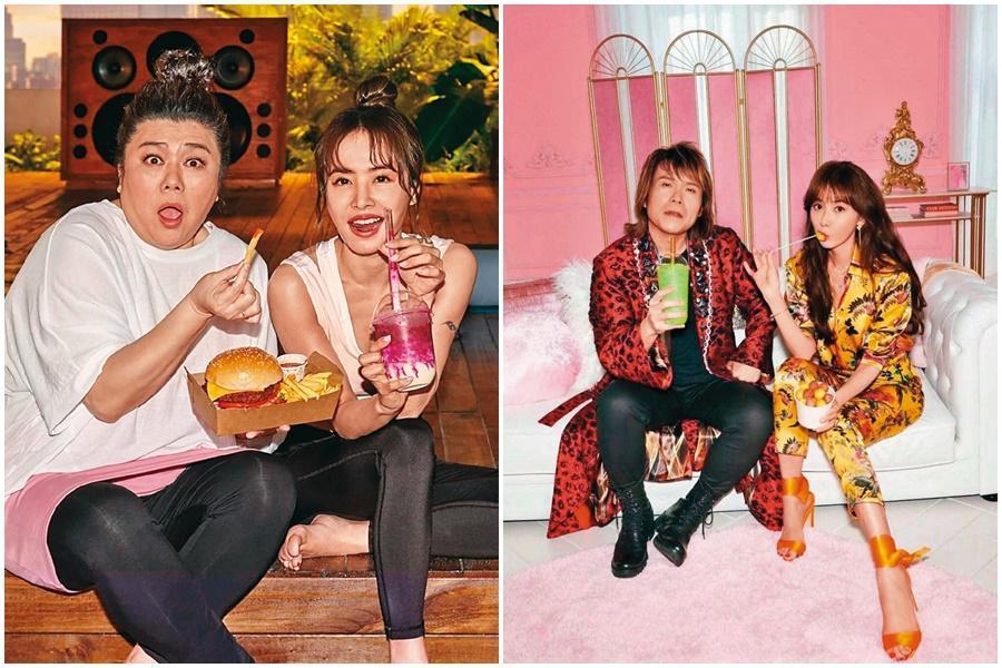 外送平台找來了林美秀(左起)、蔡依林、伍佰、林志玲等多位大咖明星代言,廣告超洗腦。(Uber Eats提供)