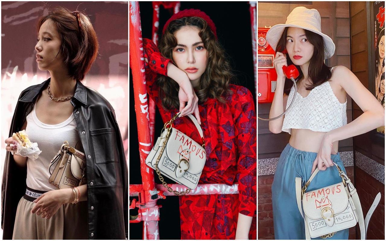 (左起)陳庭妮、昆凌、曾之喬分別以不同裝扮演繹相同的COACH x Jean-Michel Basquiat聯名系列肩背包。NT$25,800。(COACH提供)