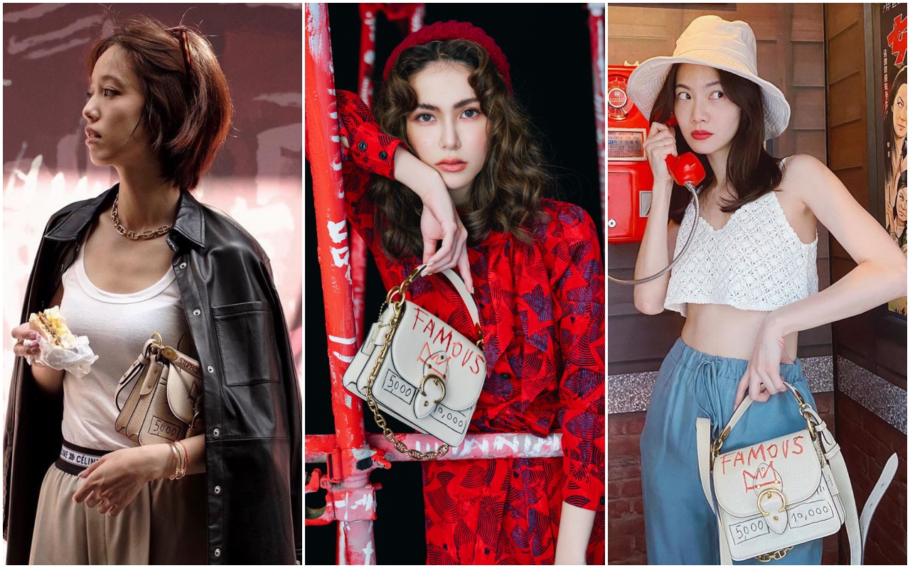 （左起）陳庭妮、昆凌、曾之喬分別以不同裝扮演繹相同的COACH x Jean-Michel Basquiat聯名系列肩背包。NT$25,800。（COACH提供）