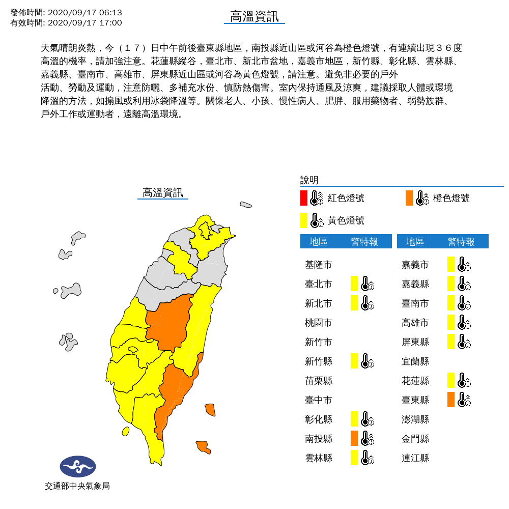 全台13個縣市地區今日亮起高溫燈號。(翻攝中央氣象局)