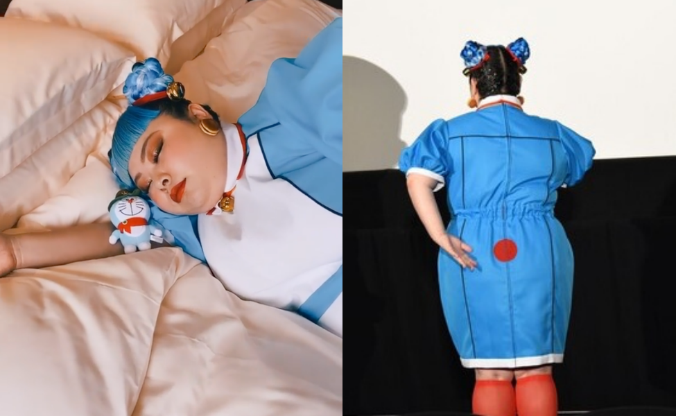 渡邊直美穿上哆啦A夢裝扮，與哆啦A夢一起睡覺。（翻攝渡邊直美IG）