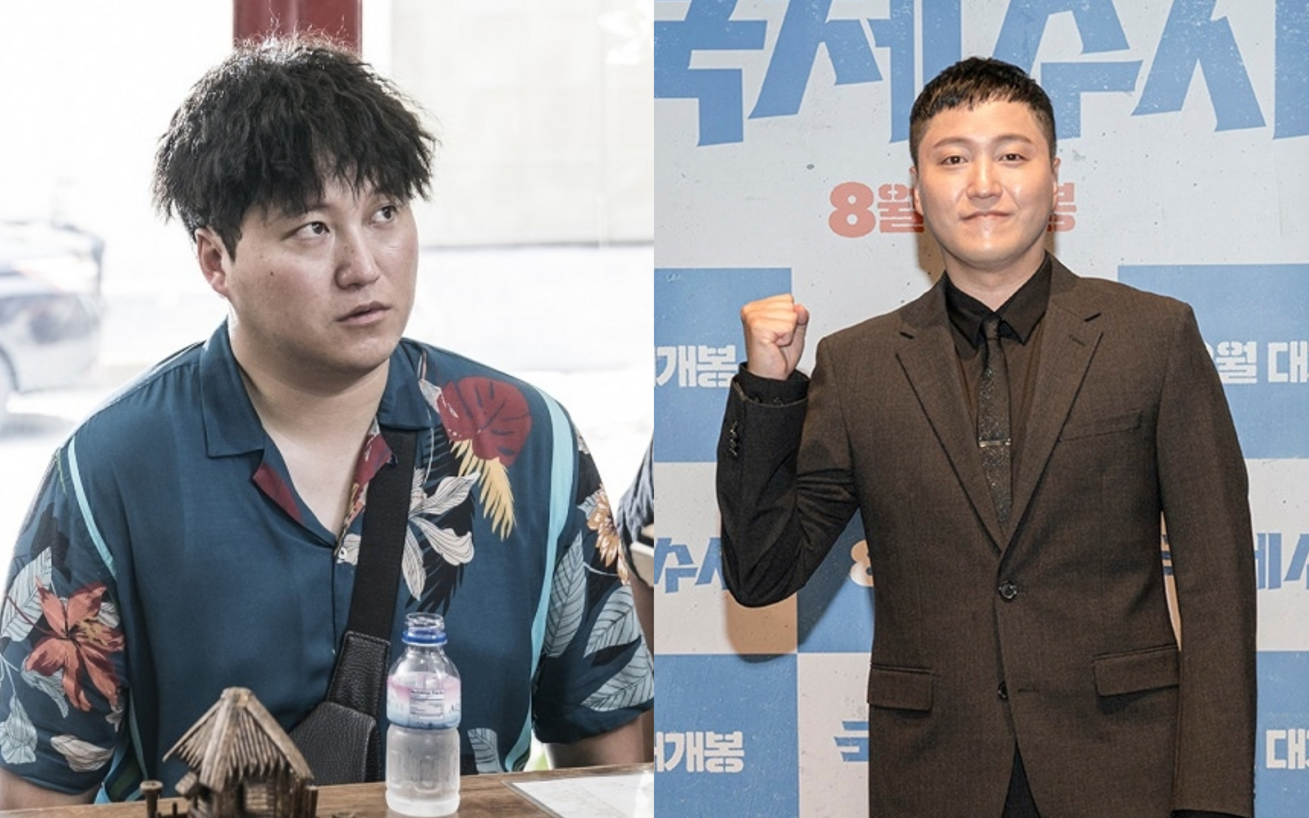 金大明在電影《刑警沒有假期》（左圖）殺青後為新作品減肥，七月底出席宣傳記者會時已瘦一圈（右圖）。（左圖車庫娛樂提供，右圖翻攝自intronews）