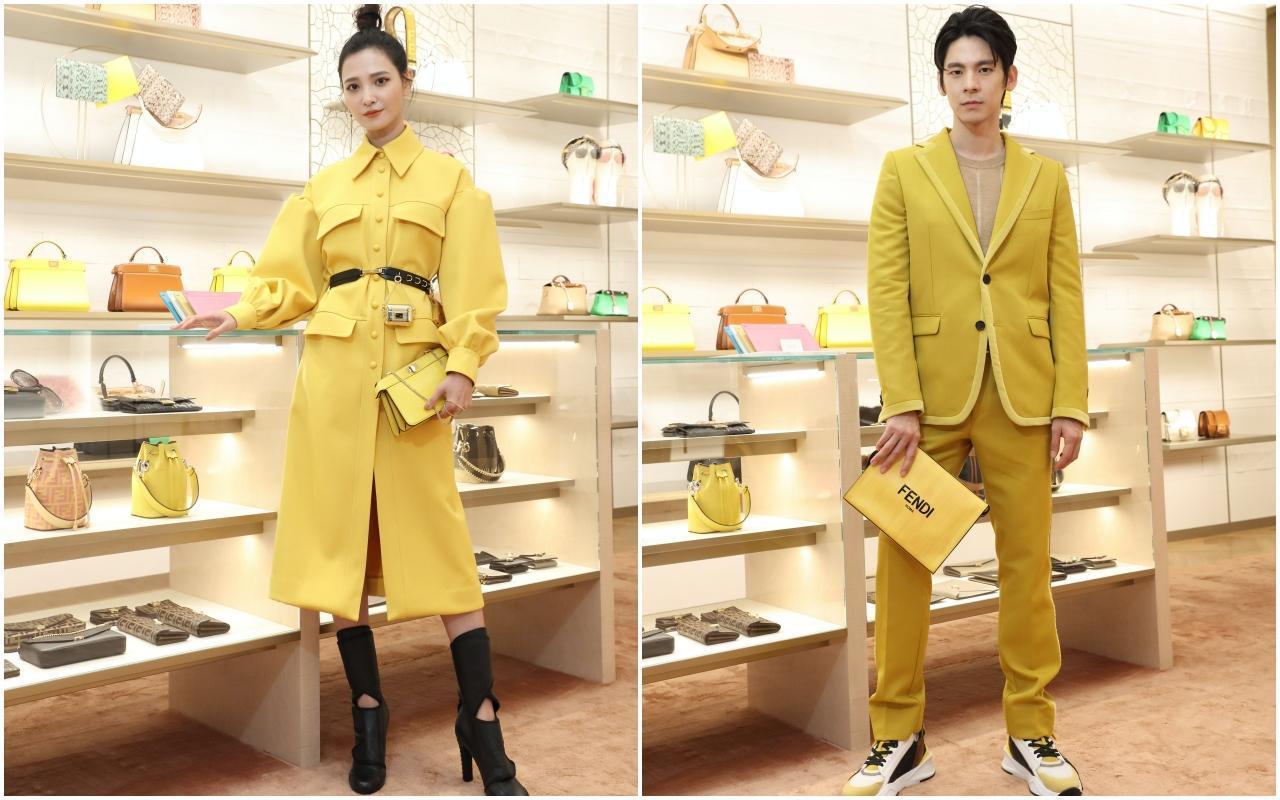 吳子霏(左圖)穿著黃色連身洋裝NT$198,000、黑色高跟靴NT$39,000、Peekaboo ISeeU小型包款NT$83,900。林柏宏(右圖)身上的針織上衣NT$21,600、黃色西裝外套NT$67,000、西裝褲NT$26,000、休閒鞋NT$28,700、造型手拿包NT$34,900。(FENDI提供)