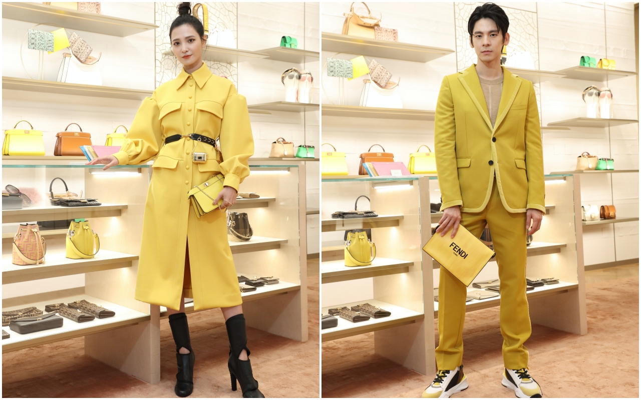 吳子霏（左圖）穿著黃色連身洋裝NT$198,000、黑色高跟靴NT$39,000、Peekaboo ISeeU小型包款NT$83,900。林柏宏（右圖）身上的針織上衣NT$21,600、黃色西裝外套NT$67,000、西裝褲NT$26,000、休閒鞋NT$28,700、造型手拿包NT$34,900。（FENDI提供）