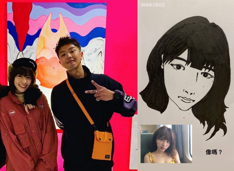 小鬼為峮峮畫的肖像畫，左上角有2019年3月6日日期，符合兩人交往1年半的時間。（翻攝黃鴻升IG、峮峮IG）