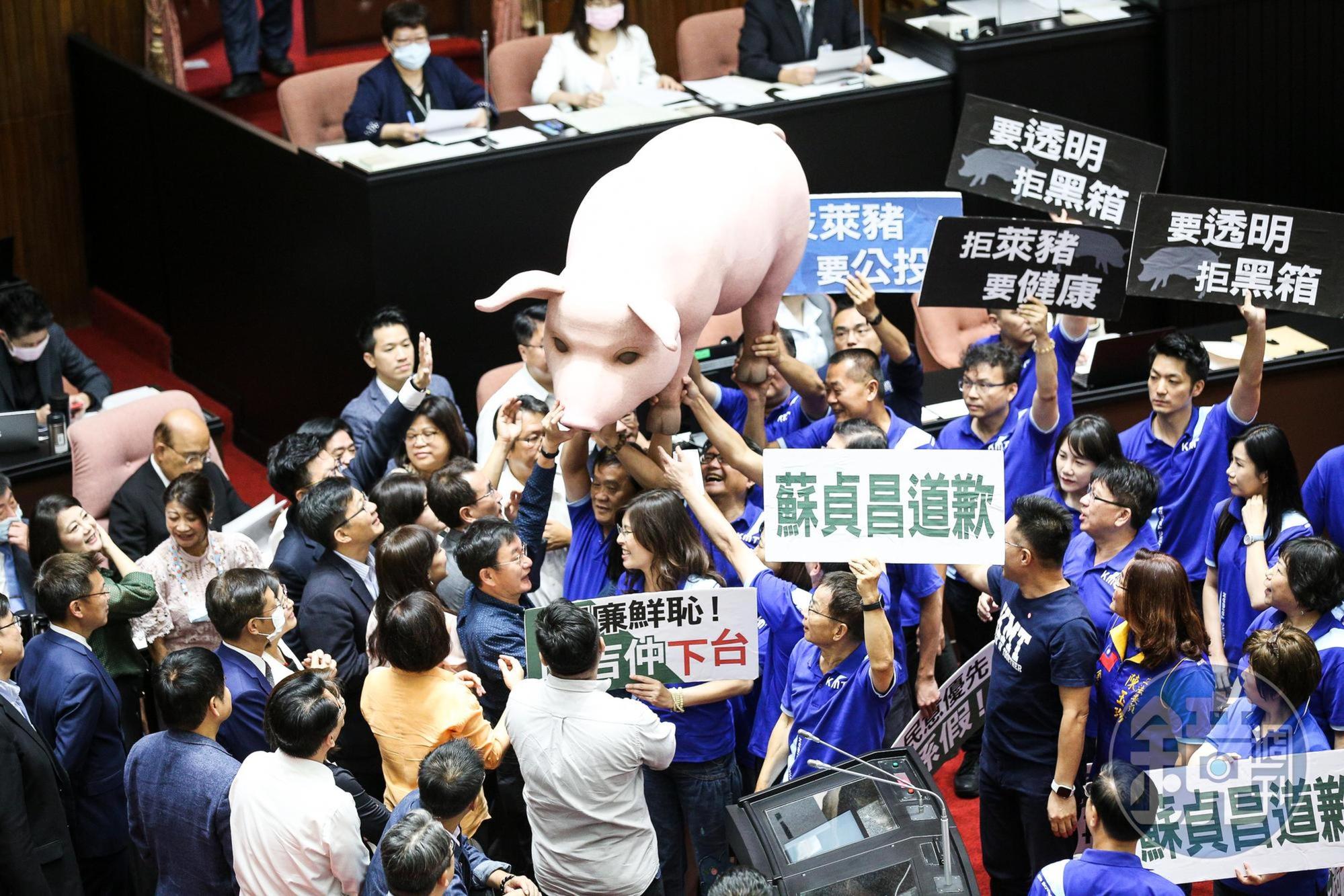 國民黨團總召林為洲率領所有藍委，高喊：「蘇貞昌道歉、陳吉仲下台、蔡英文來報告！反萊豬、顧健康！要透明、拒黑箱！」等口號。