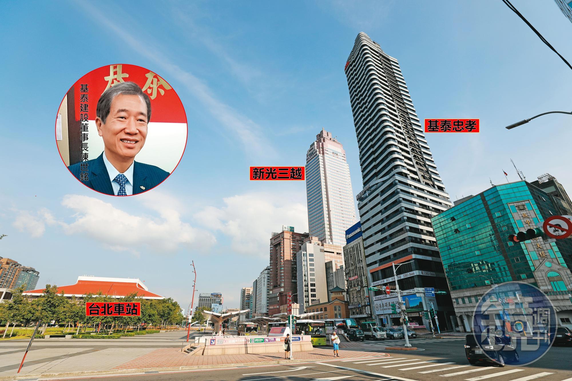基泰忠孝高37層,位於新光三越旁,被視為台北車站前的新地標。基泰建設董事長陳世銘(小圖)因基泰忠孝案,遭投資人提告詐欺。