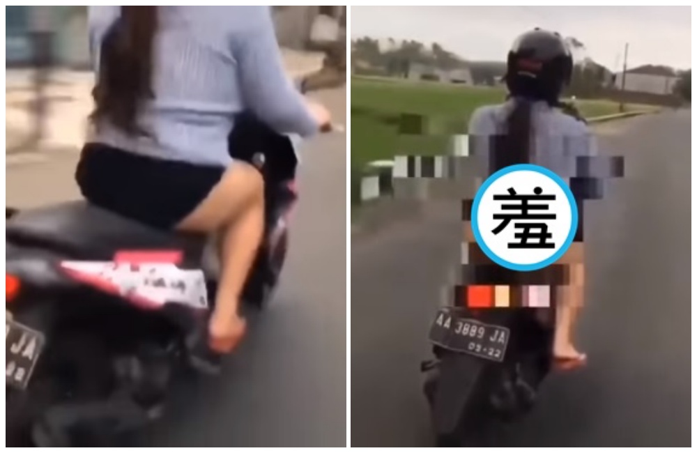 印尼一名女騎士突然將裙子往上拉露出丁字褲，渾圓臀部隨車上下晃動被後方駕駛拍下。（翻攝自Kompascom Reporter on Location YouTube）