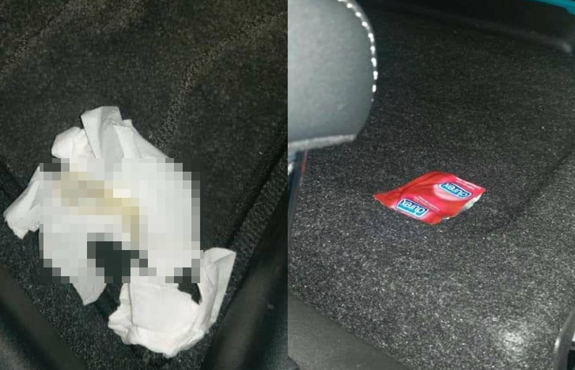 一名女網友近日使用租車服務,一上車就看見使用過的保險套及一大團衛生紙。(翻攝畫面)