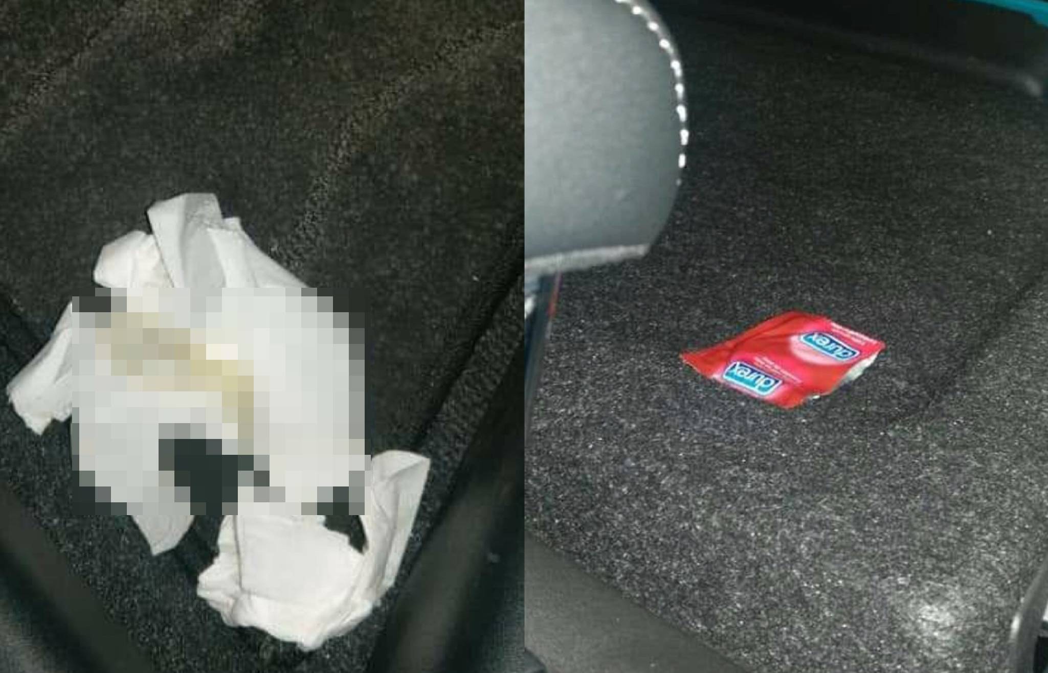 一名女網友近日使用租車服務，一上車就看見使用過的保險套及一大團衛生紙。（翻攝畫面）