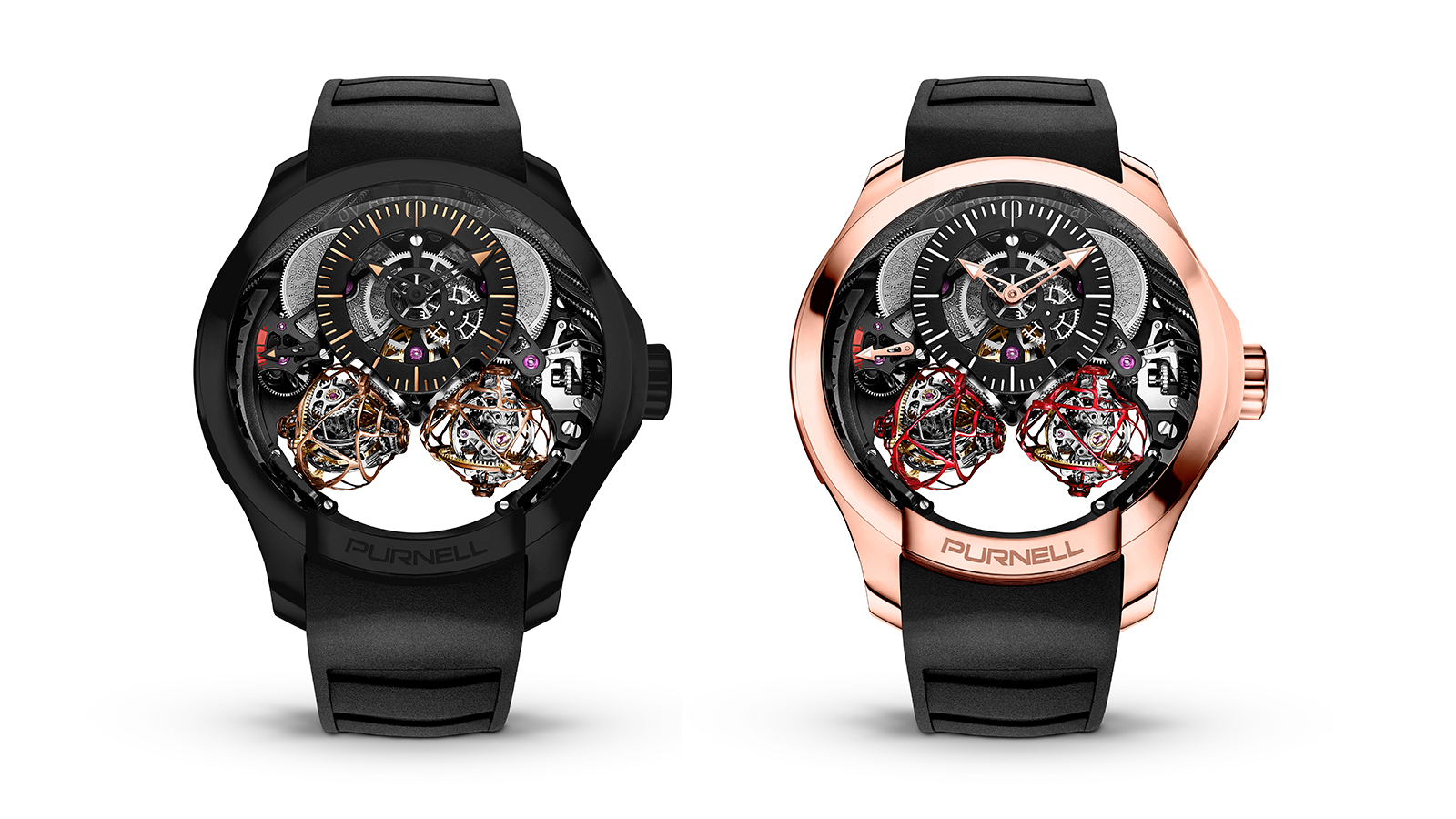 Escape II｜DLC Black（左）、18K玫瑰金（右）／錶徑48mm／CP03手上鏈機芯／時間指示、動力儲存顯示／雙重三軸球體陀飛輪裝置／建議售價NT$ 15,200,000（左）、NT$ 15,600,000（右）