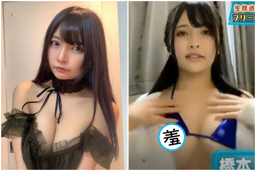 日本女寫真女星「橋本ひかり」在節目中直播，意外洩春光，引起話題。（組圖：翻攝推特、畫面）