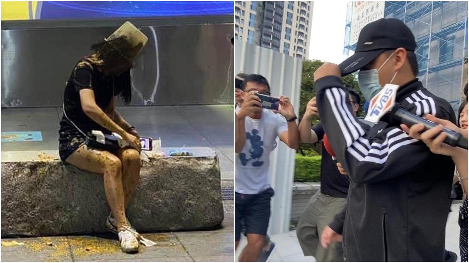 邱女遭柯男當街潑糞,柯聲稱是因被嘲笑身高太矮才報復。(合成圖,翻攝自「爆料公社」臉書、翻攝畫面)