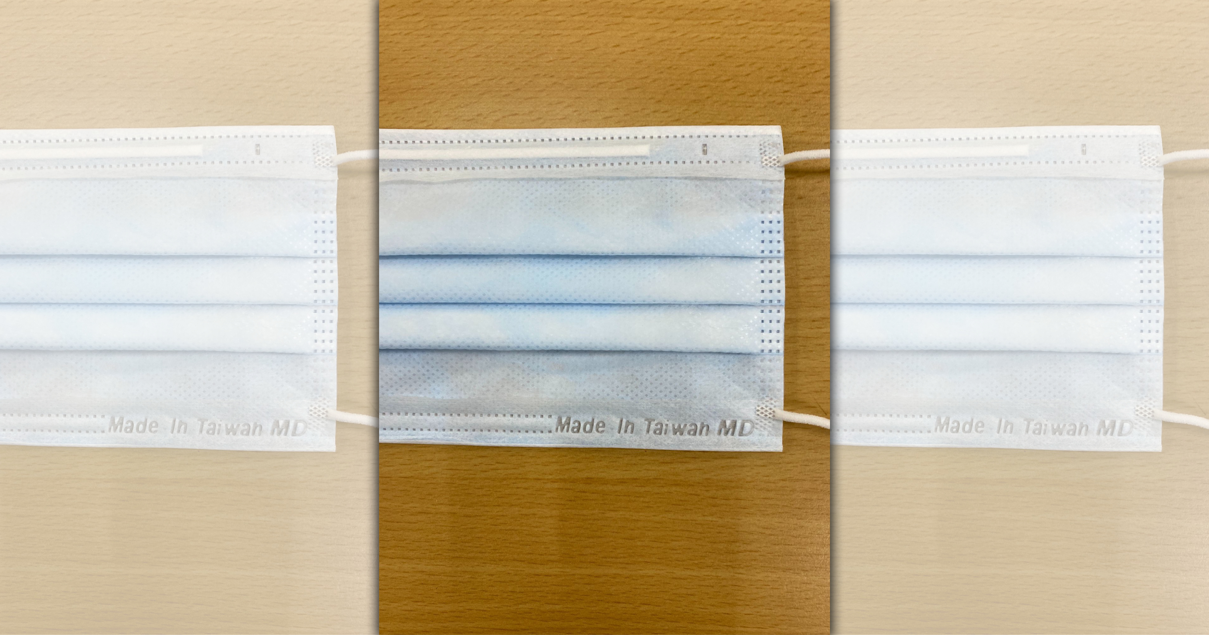 印有「MD」「MIT」雙鋼印的平面醫用口罩。（翻攝自善存罩護您臉書）