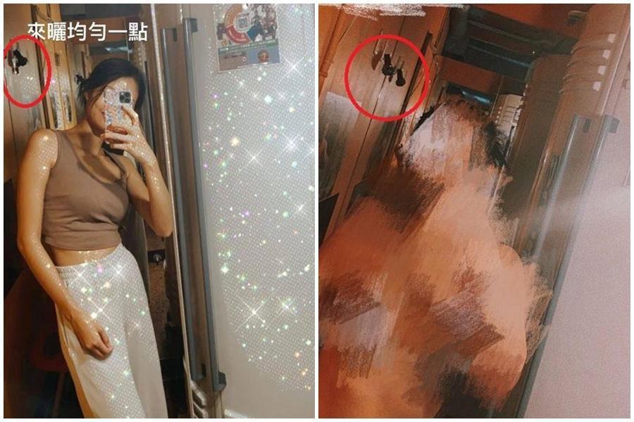 多名女子疑似遭牆上的手錶偷拍，針孔攝影機吊掛在房內清晰可見。（翻攝自爆料公社）
